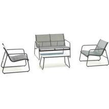Salottino Jask Lounge 4 posti – Grigio – Divano 2 posti, 2 poltrone, tavolino – Ferro verniciato, Textilene, Vetro temperato