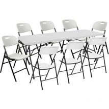 Set Table Pliante 240cm et 8 Chaises avec Poignée Blanc Traiteur O91