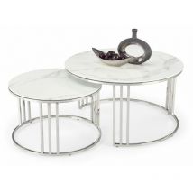 Arredamento1 - Set tavolino da caffè Houston 1503, Argento + Marmo bianco, 45x0x0cm, Diametro: 80, Vetro temperato, Round, Parzialmente assemblati