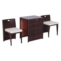 Set tavolino e sedia in rattan e ferro 3 pz con cuscino marrone e nero