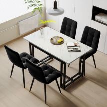 Wishdor - Set da pranzo bianco 120 x 70 cm con 4 sedie in velluto nero. tavolo con gambe in ferro nero
