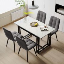 Wishdor - Set da pranzo bianco 120 x 70 cm con 4 sedie in velluto grigio. tavolo con gambe in ferro nero