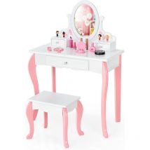 Set Tavolo Toeletta e Sgabello per Bambini - Specchio Girevole a 360°, 3 Cassetti, Set Toeletta Multifunzionale con Parte Superiore Rimovibile,