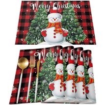 Sets de table de Noël bonhomme de neige pour table à manger Lot de 4 Joyeux Noël mignon bonhomme de neige avec arbre de Noël rouge et noir Buffalo