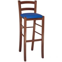 Sgabello di legno noce scuro con schienale h 80 cm seduta similpelle blu