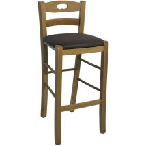 Sgabello legno noce chiaro con foro nello schienale h66 seduta ecopelle marrone