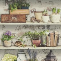 Debona - Shades Flower Pots Wallpaper Garden Rustic Shelves Distressed Green Grey White