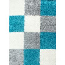 Tapis Shaggy Poils Longs Motifs Carreaux (Gris / Blanc / Turquoise - 160x230cm)