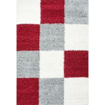 Life - Tapis Shaggy Poils Longs Motifs Carreaux (Gris / Blanc / Rouge - 80x250cm)
