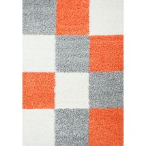 Life - Tapis Shaggy Poils Longs Motifs Carreaux (Gris / Blanc / Terracotta - 80x250cm)