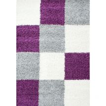 Tapis Shaggy Poils Longs Motifs Carreaux (Gris / Blanc / Violet - 160x230cm)