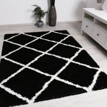 Vimoda - Hochflor Teppich Wohnzimmer Shaggy Rautenmuster Schwarz Creme Skandi Design Weich Ethno,120x170 cm