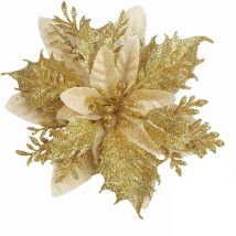 10 pièces de décorations de Noël, fleurs de Noël artificielles, guirlande de paillettes d'arbre de Noël, pendentifs de fleurs artificielles, or, 14 cm