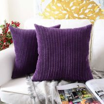 Coussin et housse de coussin Rayé Violet Foncé Lot de 2, Velours Côtelé Doux Décoratif Carré Housse de Coussin Housses de Coussin Taie d'oreiller,