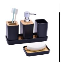 5-teiliges Badezimmerzubehör-Set aus Bambus, Badezimmerzubehör mit Lotionsflaschen, Zahnbürstenhalter, Zahnputzbecher, Seifenschale, Tablett
