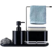 Distributeur Liquide Vaisselle 5 en 1, Distributeur Savon Liquide Distributeur de Savon et Porte-Éponge avec Éponge, Porte-Serviettes et Boule de