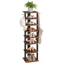 Hoobro - Shoe Rack Wooden, Tall Shoe Rack, Narrow Shoe Storage Organizer with 2 Hooks, Slim Shoe Shelf, Vertical Shoe Tower for Entrance, Living