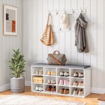 Shoe Storage Bench with Cushion and Coat Hooks, Shoe Rack Bench with Padded Seat, 100 cm Coat Rack for Hallway, 12 Compartments, Storage Cabinet for