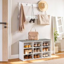 Shoe Storage Bench with Cushion and Coat Hooks, Shoe Rack Bench with Padded Seat, 80 cm Coat Rack for Hallway, 9 Compartments, Storage Cabinet for
