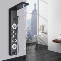 Shower Panel Column Tower System Black 5 Function bath Shower System led Waterfall Rainfall Shower Head+Hand Shower+8 Massage Jets +Bath Spout 304