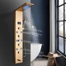 Shower Panel Gold Stainless Steel LED Rainfall Waterfall Shower 6 Functions with Massage Nozzle Rainfall Hand Shower Bath Spout Bathroom Wall Mounted