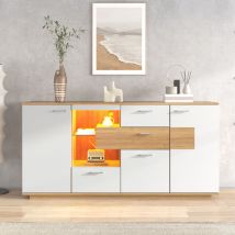 Sideboard 160x40x77 Cm - Led-beleuchtung 16 Farben - 4 Schubladen - Verstellbare Regale - Holz & Weiß