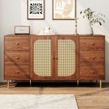Sideboard Aus Rattan, Aufbewahrungsmöbel Mit 6 Schubladen, Freistehender Holzschrank, Küchenschrank 160 X 40 X 90 Cm, Modernes Wohnzimmer-sideboard, 