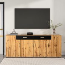 Sideboard Im Industriestil, Holzfarbe + Schwarz, Küchenmöbel, Aufbewahrungseinheit, Kommode Mit 4 Türen Und 2 Schubladen, 208 X 39,5 X 80 Cm
