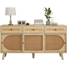 Sideboard, Kommode mit PE-Kunststoff-Rattantür und verstellbaren Einlegeböden, 3 Schubladen, 3 Schiebetüren, 140X40X78cm