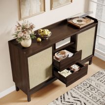 Sideboard Mit 2 Schiebetüren Und 2 Schubladen, Verstellbare Einlegeböden, Retro-design, Aus Spanplatte, Natur, 150×39,5×80 Cm