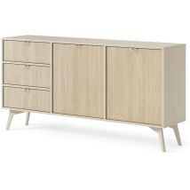 Sideboard Mit 2 Türen Wood - Kommode Mit 3 Schubladen - Holzbeinen, Modern Design - Gold Aluminium Griffen - Beige