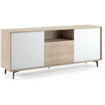 Sideboard mit Eichenstruktur und weißen Türen Dama Push-Öffnung 2 Eichenschubladen mit weißen Türen DAMA