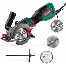 Sierra Circular 750w, Hychika Mini Sierra Circular De Mano 3500rpm, 3 Cuchillas (125mm Y 115mm) Profundidad De Corte: 48mm (90°) Y 32mm (45°)