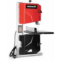 Greencut - Sierra de cinta motor de 250W y 1400rpm, velocidad 960m/min, mesa inclinable de 45o y ancho de la hoja 3,5-12mm SRC350C
