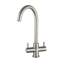 Staten Swan Neck Dual Lever Kitchen Sink Mixer Tap - Brushed Steel - Prima