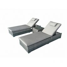 Signature Weave - Jessica Wicker 2 x Sun Lounger Chair & Side Drinks Table Grey