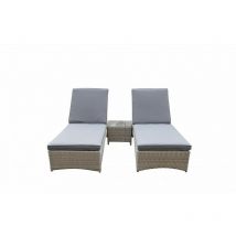Signature Weave Meghan Wicker 2 x Sun Lounger Bed Chair Set & Drinks Table Grey
