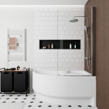 Siko - 150x100 cm Fortuna Plus asymmetrische Acrylbadewanne, gerade + Schürze + Badewannenabtrennung + Füße, weiß (FO1500PPLUS-SETP1)
