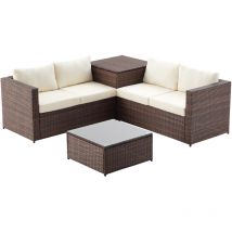 Concept-usine - Silang marron/blanc : salon de jardin en résine tressée 4 personnes avec coffre intégré