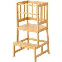 Toboli - Wiltec Torre de aprendizaje de bambú para niños con rieles de seguridad silla para niños 46x46x90cm
