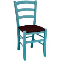 Silla de madera Venezia turquesa con asiento en piel sintética marrón