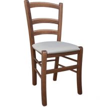 Silla veneciana de madera de nogal oscuro con asiento tapizado en símil piel gris tórtola