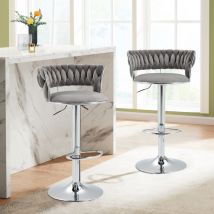 Sillas de comedor (2 piezas) giratorias 360°, altura ajustable, taburete de bar, terciopelo, gris, patas plateadas