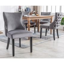 Sillas de comedor, patas de madera, terciopelo, diseño capitoné, ribete tachonado, gris, 4 piezas