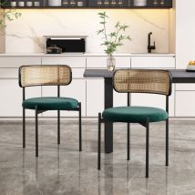 Sillas de comedor, respaldo de ratán, patas de metal, sillón, terciopelo, verde, 2 piezas