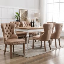Sillas de comedor, silla de cocina, ribete con tachuelas, terciopelo, patas de madera - 6 piezas, marrón claro