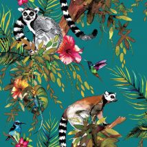 Dutch Wallcoverings - Teal Multicoloured Lemur Wallpaper Monkeys Flowers Floral Trees Animals Holden