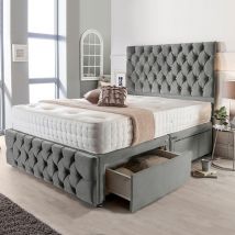 Sinclair Divan Bed Set with Tall Button Headboard and Footboard - 4FT6 Size / 2 Drawers (Right Side - As Image) / No Mattress / Crystal Buttons