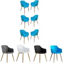 Set of 6 Eden Modern Plastic Dining Chairs with Faux Leather Cushions and Solid Wood Legs - Armchair for Dining Room Kitchen Office - Blue