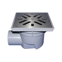 Siphon horizontal 'Perfekt' DN110, support de grille en plastique 244x244mm, grille en acier inoxydable 226x226mm, collecteur d'